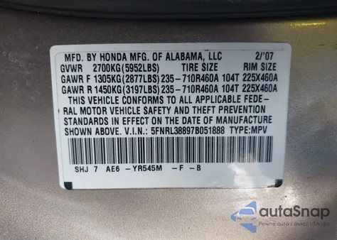 2007 Honda Odyssey Touring из США, поврежденный, VIN 5FNRL38897B051888